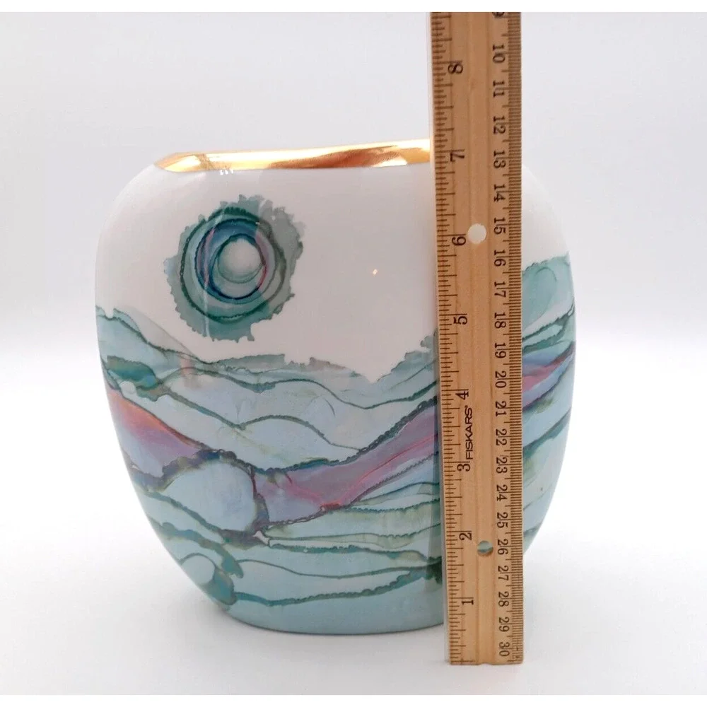 Pottery Watercolor Vase Luster Ware Gold Rim Abstract Ceramic Green Oval Narrow